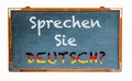 Ã¢â¬ÅSprechen Sie Deutsch?Ã¢â¬Â in German language, Do you speak German? written on a wide blue old grungy vintage wooden chalkboard